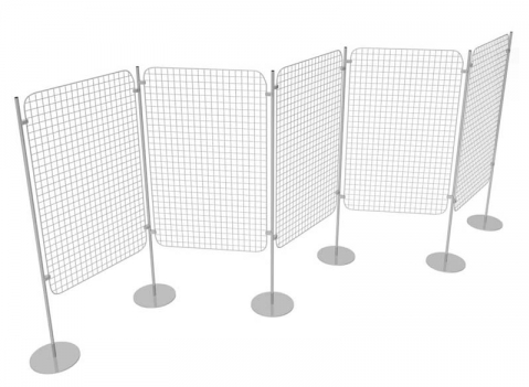 Composizione autoportante di 5 griglie espositive con basi tonde