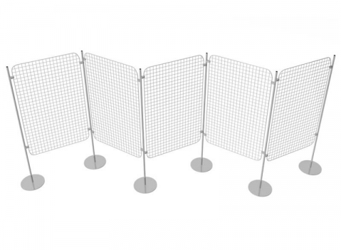 Composizione autoportante di 5 griglie espositive con basi tonde