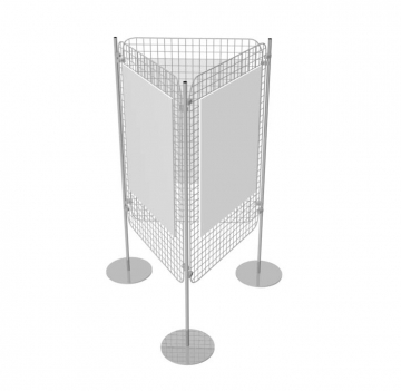 Composizione  totem triangolare autoportante di 3 griglie espositive con basi tonde